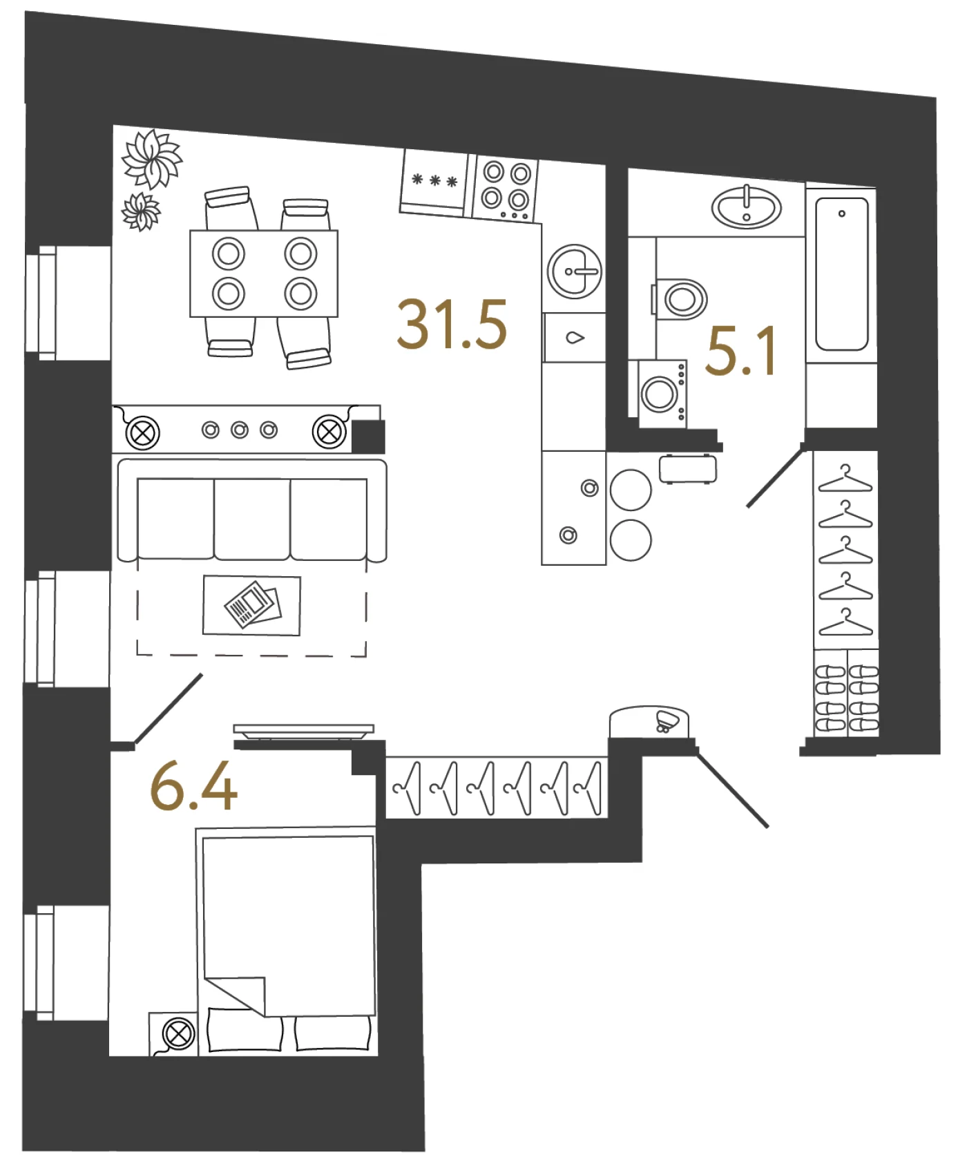 Планировка 1-комнатная 43 м² в арт-кластере «Типография» — Типография