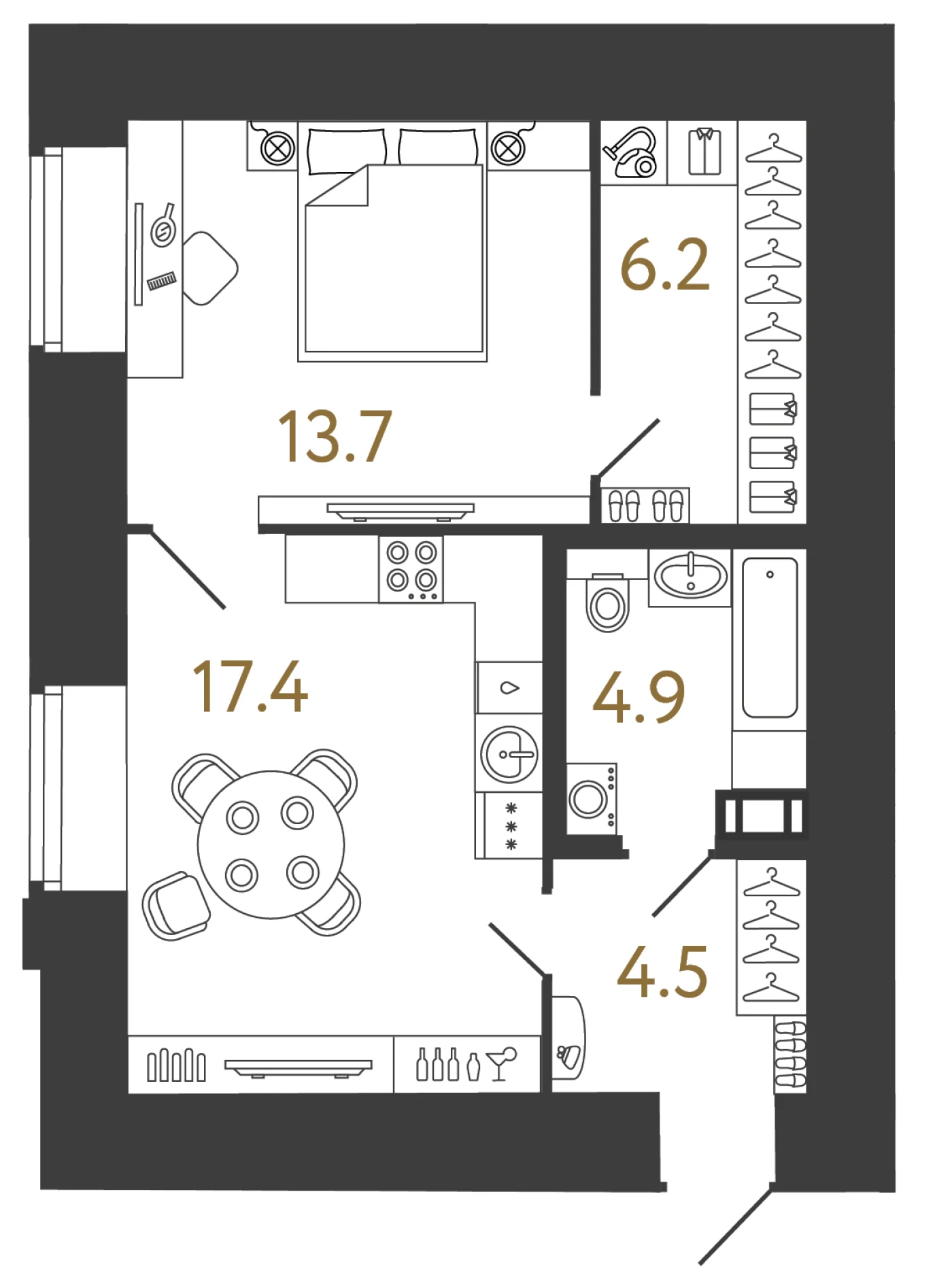 Планировка 1-комнатная 46,7 м² в арт-кластере «Типография» — Типография