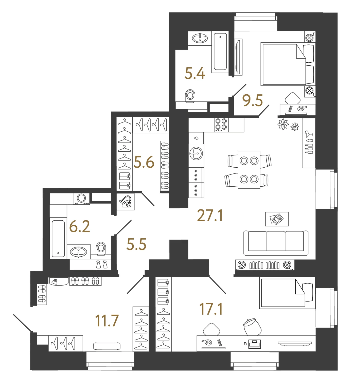 Планировка 2-комнатная 88,1 м² в арт-кластере «Типография» — Типография