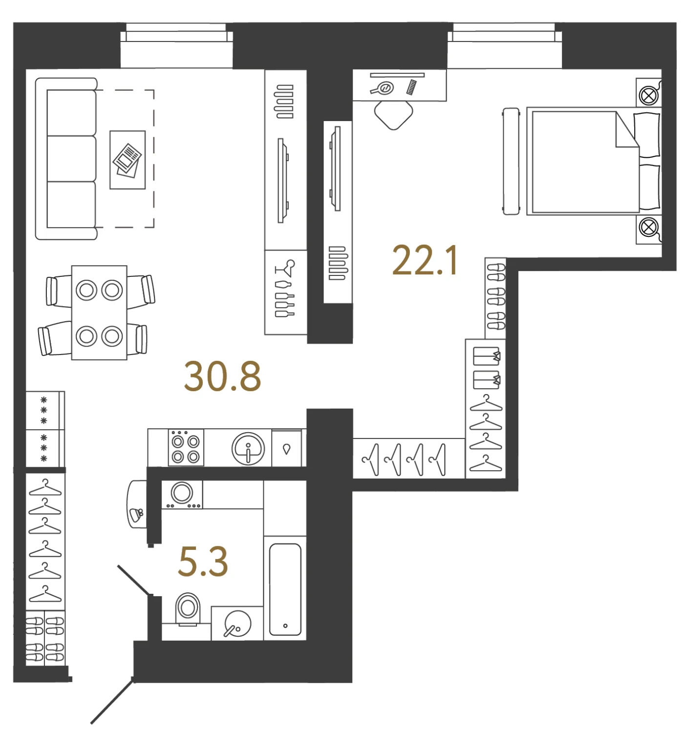 Планировка 1-комнатная 58,2 м² в арт-кластере «Типография» — Типография