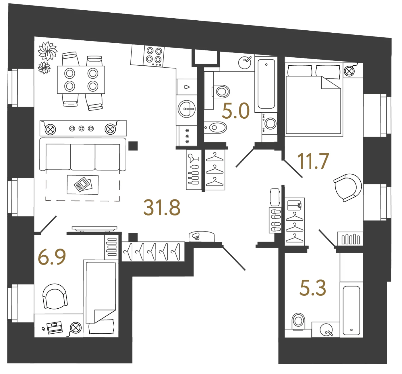 Планировка 2-комнатная 60,7 м² в арт-кластере «Типография» — Типография