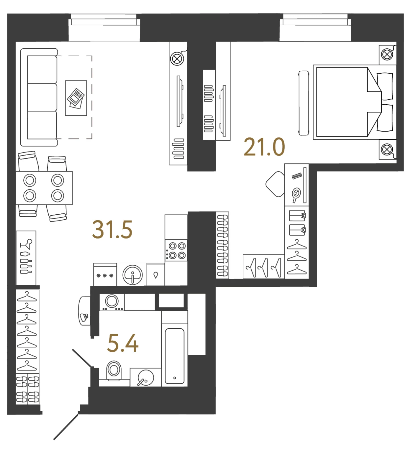 Планировка 1-комнатная 57,9 м² в арт-кластере «Типография» — Типография