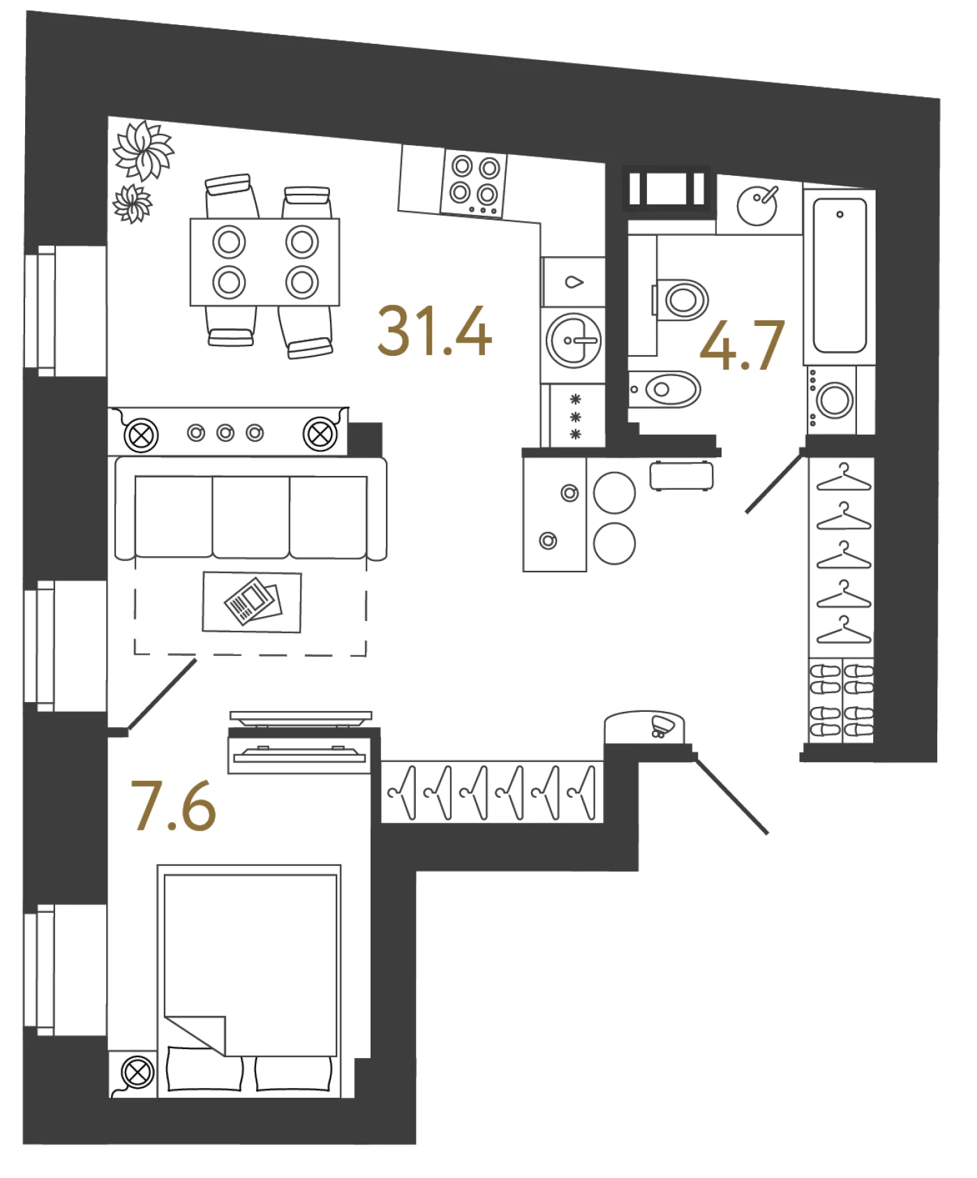 Планировка 1-комнатная 43,7 м² в арт-кластере «Типография» — Типография