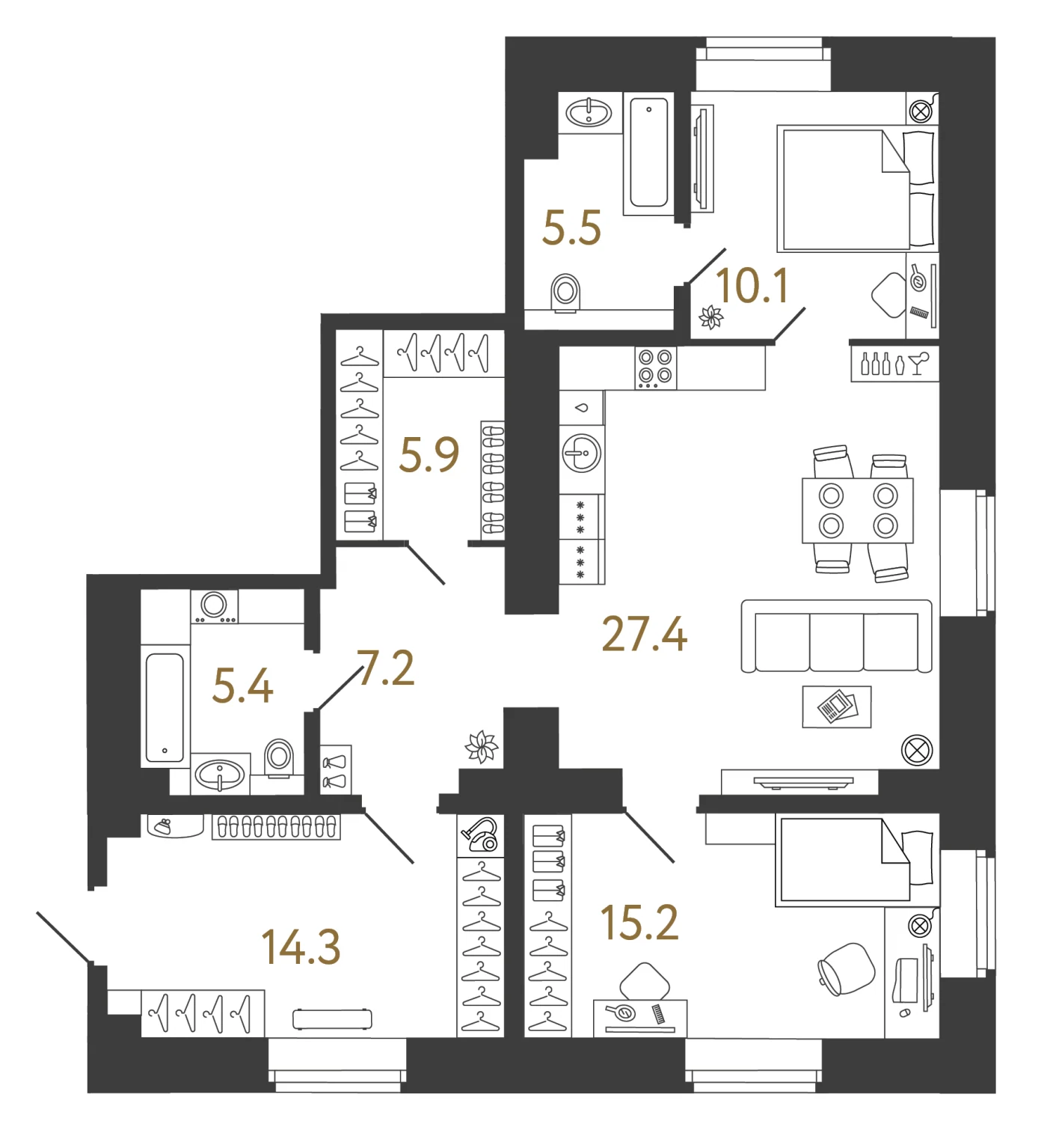 Планировка 2-комнатная 91 м² в арт-кластере «Типография» — Типография
