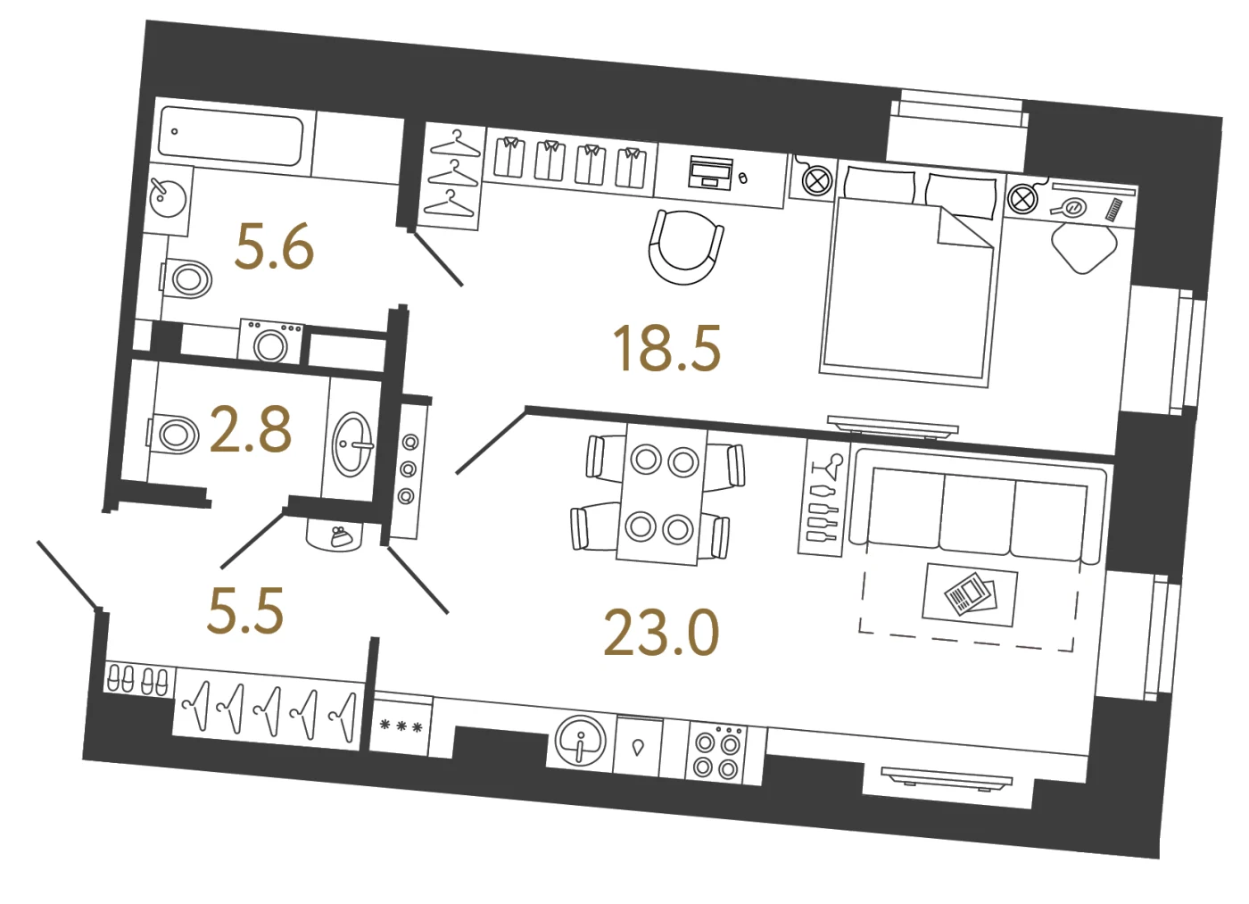 Планировка 1-комнатная 55,4 м² в арт-кластере «Типография» — Типография